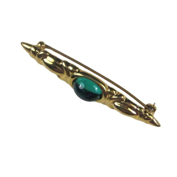 Monet Bar Brooch Pin Goldtone Green Glass Cabachon Vintage STYLE - Picture 1 of 10